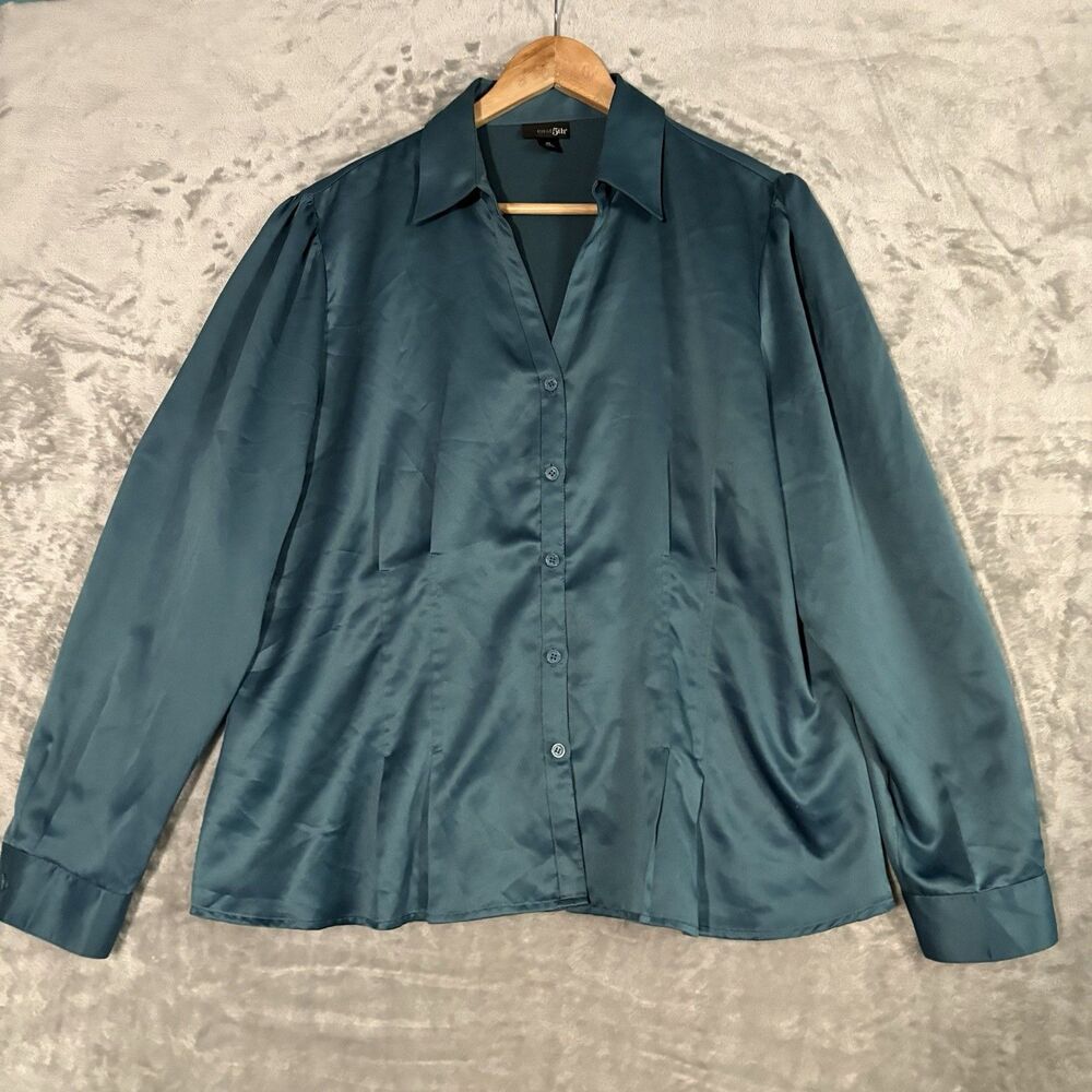 East 5th Teal Blue Satin Button Up Shirt XL Office Siren Silky Blouse Y2K Chic